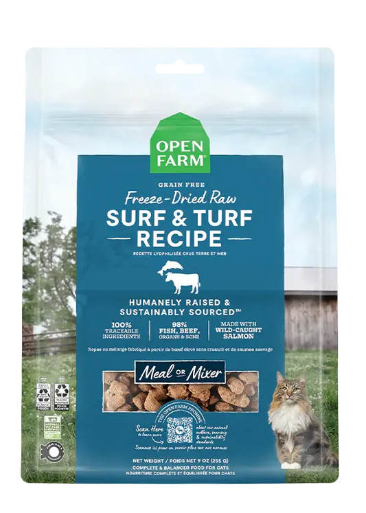 Open Farm - Nourriture Crue Lyophilisée pour Chats au Poulet, Saumon et Surf & Turf Open Farm